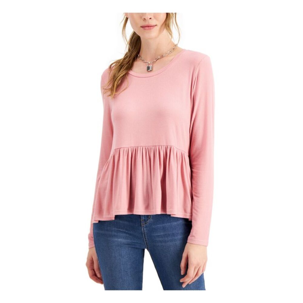 HOOKED UP Womens Top Peplum Pink Stretch Long Sleeve Jewel Neck Juniors M